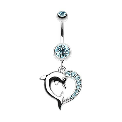 Enchanting Heart Dolphin Belly Button Ring Navel Ring Impulse Piercings Aqua