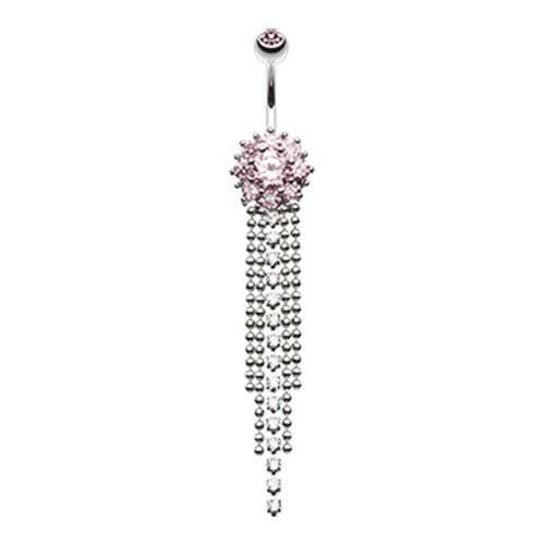 Exquisite Flower Bedazzled Cascading Cubic Zirconia Belly Button Ring Navel Ring Impulse Piercings Pink