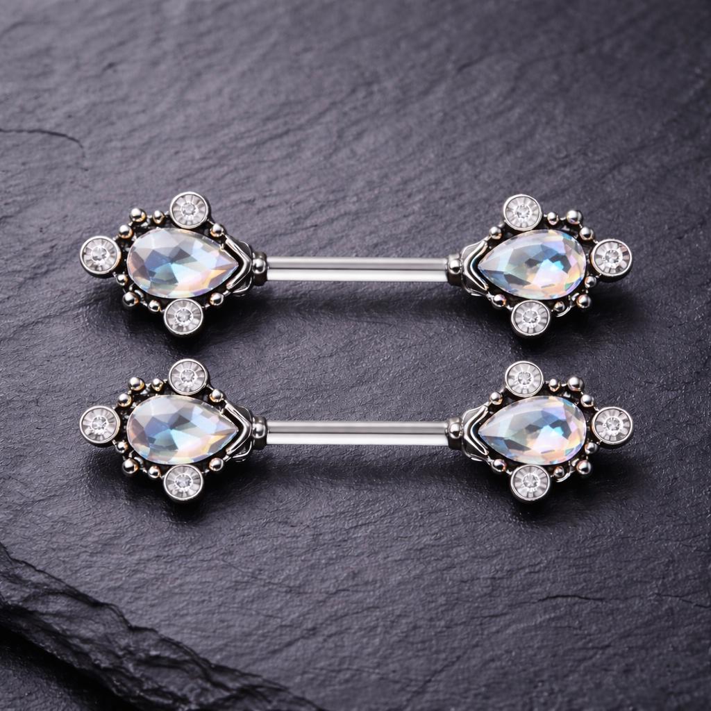 Exquisite Teardrop CZ Nipple Bars in Luxurious Stainless Steel Design Nipple Ring Skin Metals Aurora Borealis