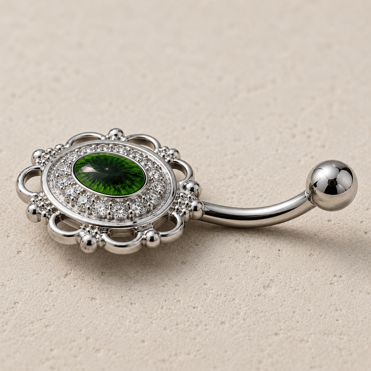 Side view of eye on the mirror navel ring, 14G 316L stainless steel 14x16mm mirror size