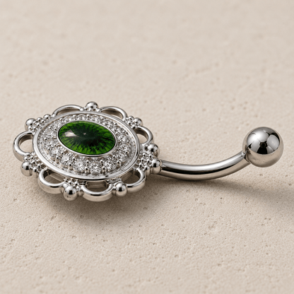 Side view of eye on the mirror navel ring, 14G 316L stainless steel 14x16mm mirror size