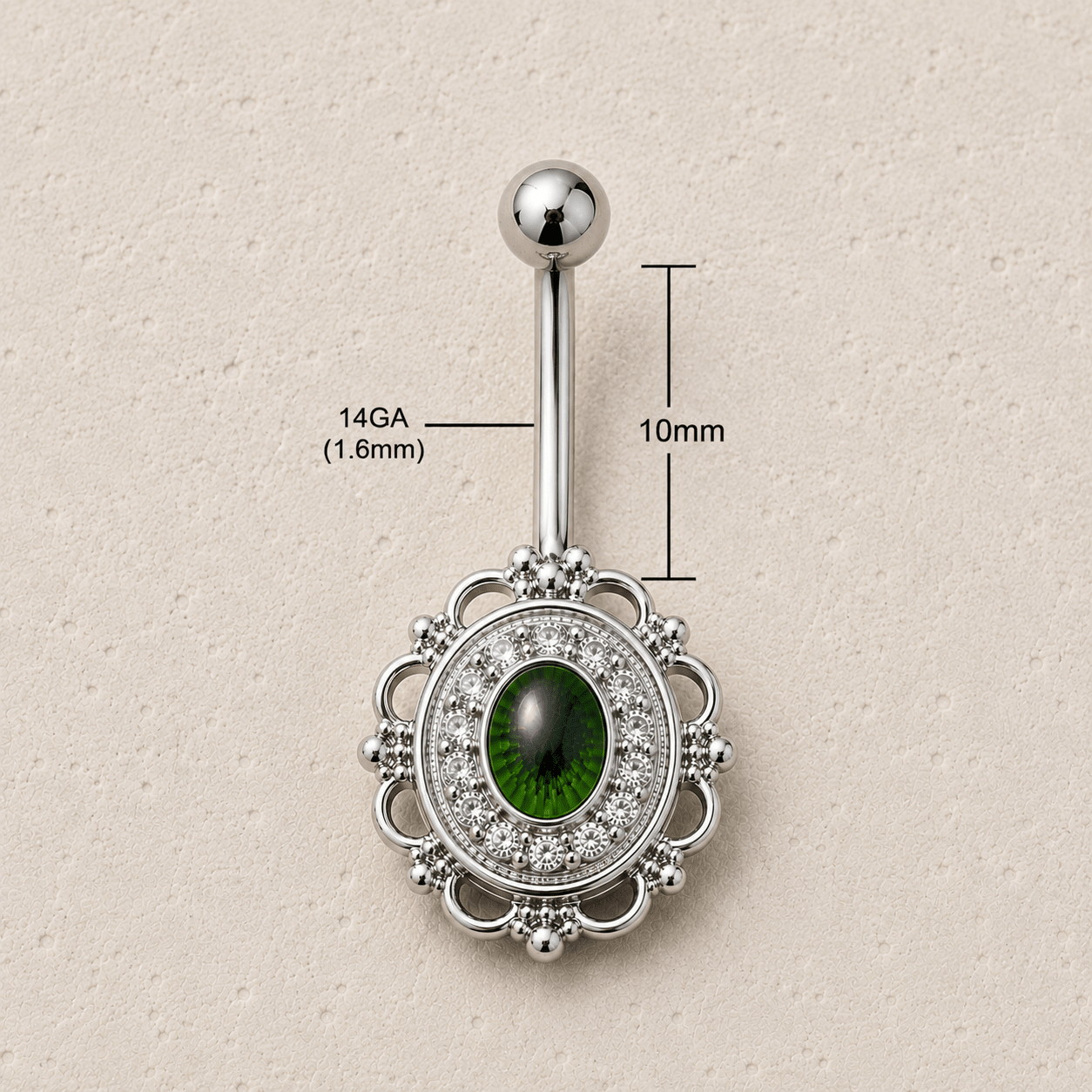 Eye on the mirror navel ring size chart, 14GA 1.6mm thickness 10mm bar length 5mm ball 14x16mm mirror