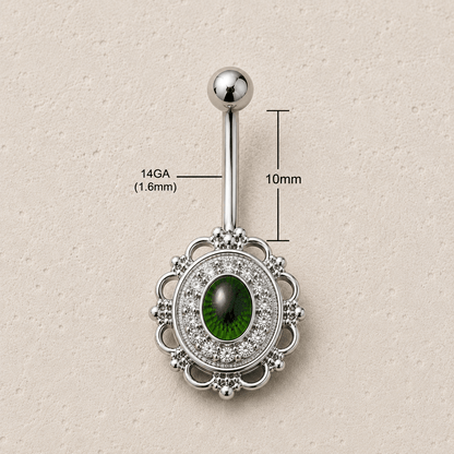 Eye on the mirror navel ring size chart, 14GA 1.6mm thickness 10mm bar length 5mm ball 14x16mm mirror