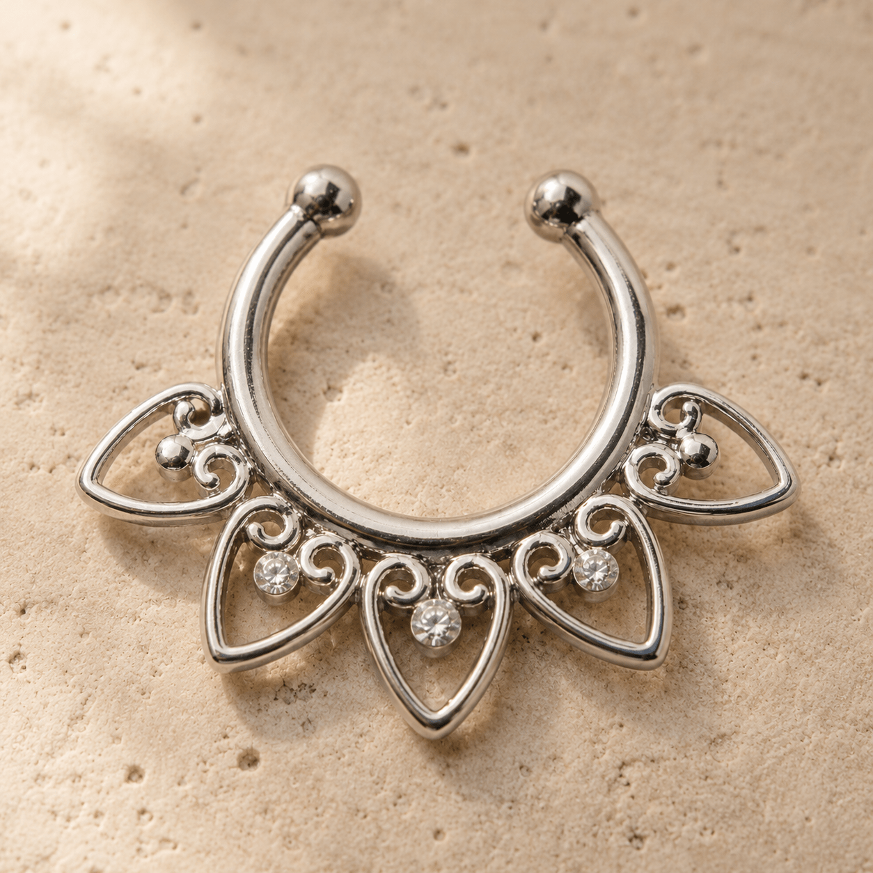 Fake septum ring ornamental hearts CZ gems, 316L stainless steel, no piercing clip-on nose ring, mirror finish