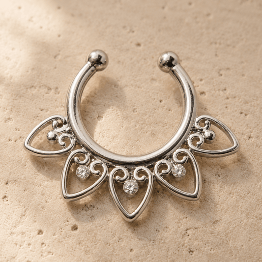 Fake septum ring ornamental hearts CZ gems, 316L stainless steel, no piercing clip-on nose ring, mirror finish