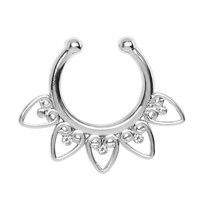 Ornamental hearts fake septum ring on white background, silver CZ nose ring, 316L stainless steel, 21mm width