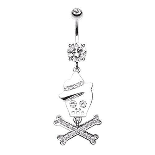 Fedora Skull & Crossbones Sparkle Cubic Zirconia Belly Button Ring Navel Ring Impulse Piercings