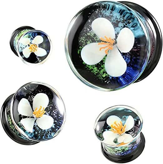 Floating White Flower Double Flare Glass Plug Plugs Impulse Piercings