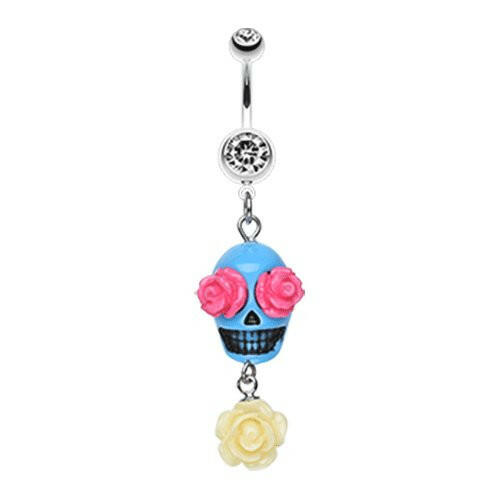 Florid Sugar Skull Dangle Belly Button Ring Navel Ring Impulse Piercings Clear