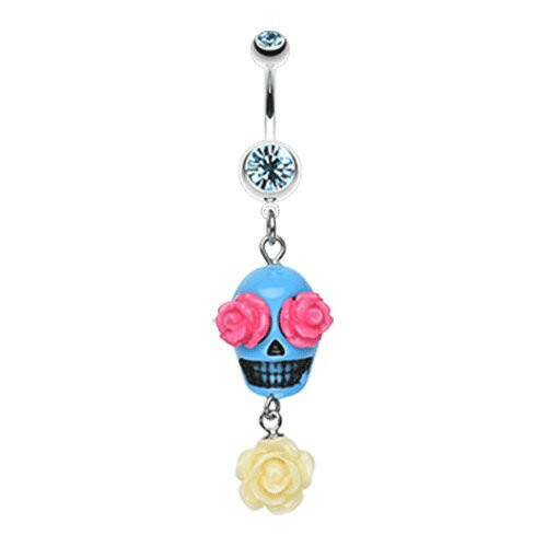 Florid Sugar Skull Dangle Belly Button Ring Navel Ring Impulse Piercings Aqua