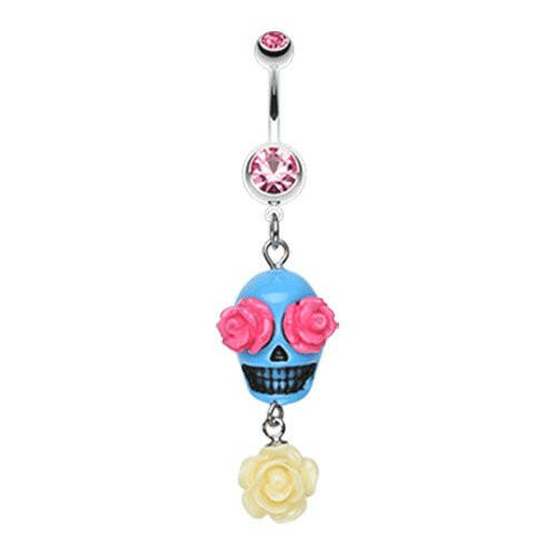 Florid Sugar Skull Dangle Belly Button Ring Navel Ring Impulse Piercings Light Pink