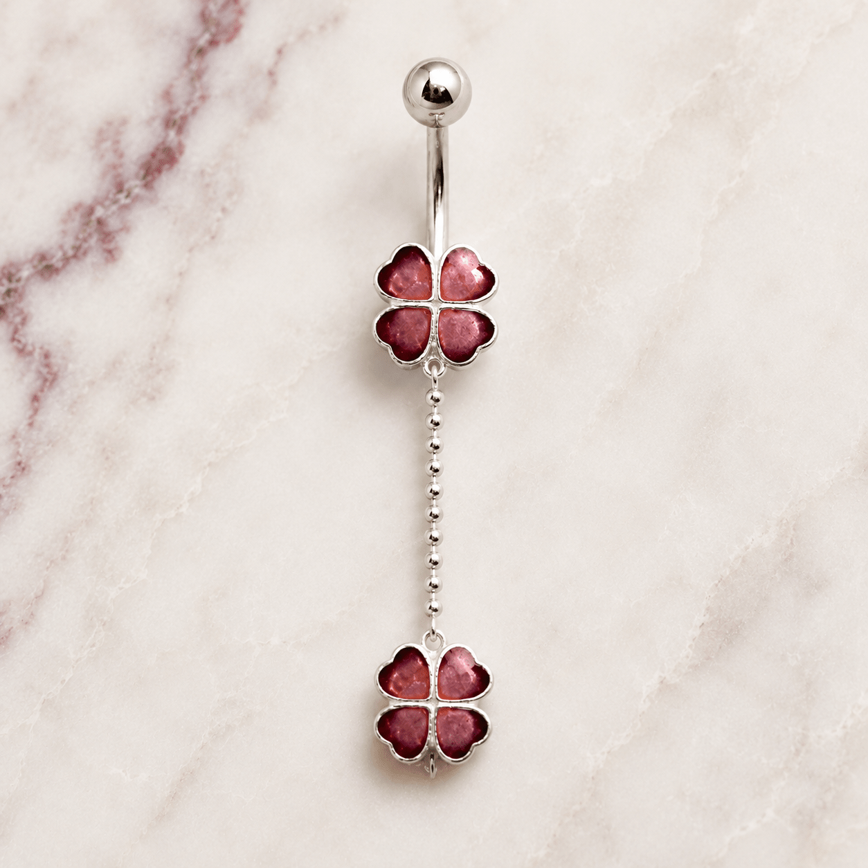Four Leaf Clover Dangle Navel Ring 14G Silver Chain 316L