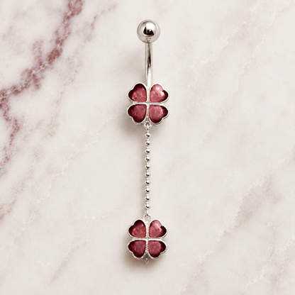 Four Leaf Clover Dangle Navel Ring 14G Silver Chain 316L