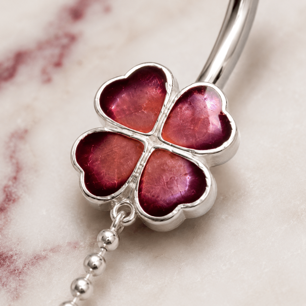 Four Leaf Clover Dangle Navel Ring 14G Silver Chain 316L