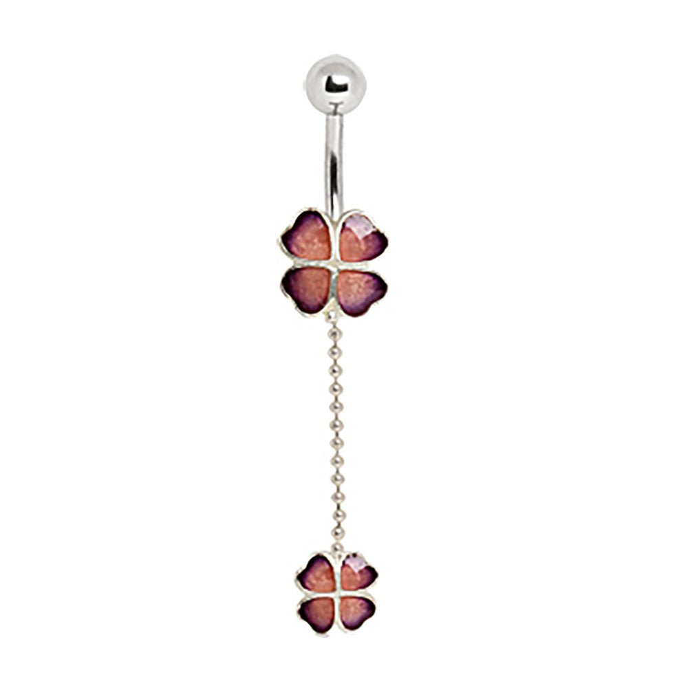 Four Leaf Clover Dangle Navel Ring 14G Silver Chain 316L - Skin Metals