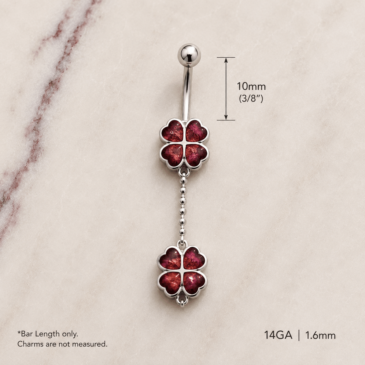 Four Leaf Clover Dangle Navel Ring 14G Silver Chain 316L
