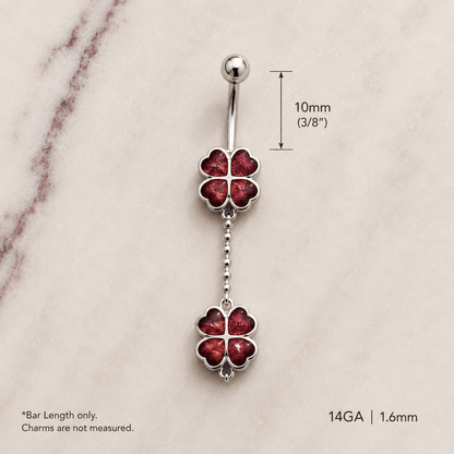 Four Leaf Clover Dangle Navel Ring 14G Silver Chain 316L