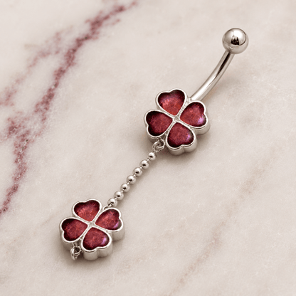 Four Leaf Clover Dangle Navel Ring 14G Silver Chain 316L