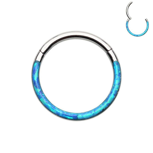 Front Facing Opal Inlay Steel Seamless Hinged Clicker Ring Captive Bead Impulse Piercings 5/16" (8mm) Blue