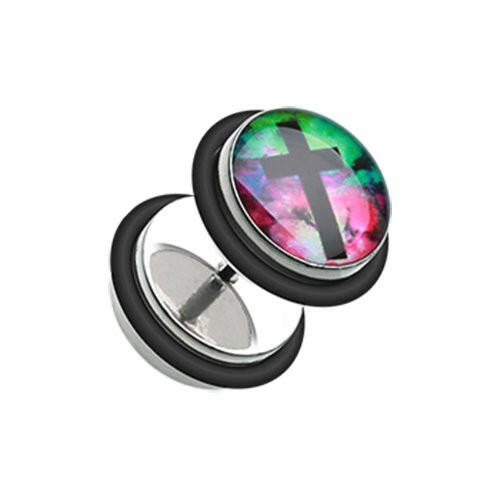 Galaxy Cross Steel Fake Plug Earrings with O-Rings Fake Plug Earrings Impulse Piercings 16 GA (1.2mm)