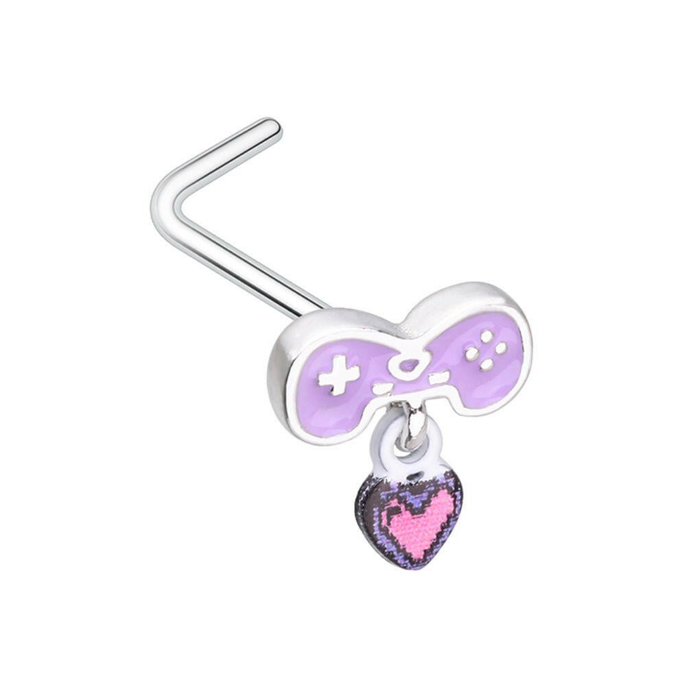 Gamer Controller Heart Dangle Gem L-Shape Nose Ring Nose Ring Impulse Piercings 20 GA (0.8mm)/Purple