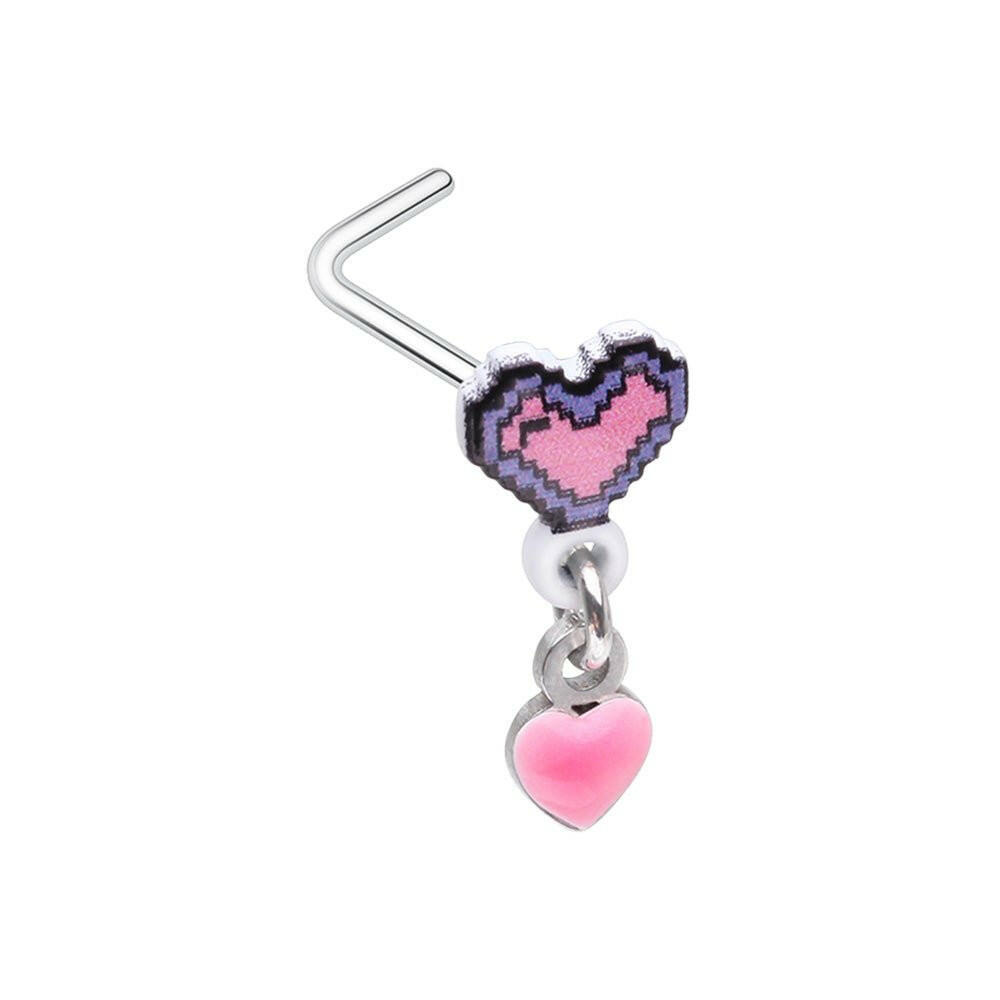 Gamer Pixel Heart Dangle Gem L-Shape Nose Ring Nose Ring Impulse Piercings 20 GA (0.8mm)/Pink