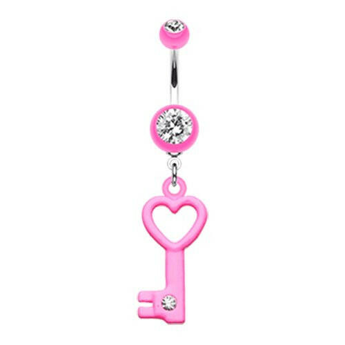 Gem Accented Heart Key Belly Button Ring Navel Ring Impulse Piercings Pink