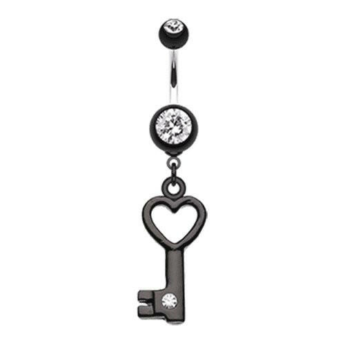 Gem Accented Heart Key Belly Button Ring Navel Ring Impulse Piercings Black