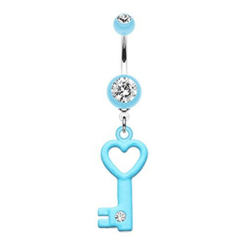 Gem Accented Heart Key Belly Button Ring Navel Ring Impulse Piercings Light Blue