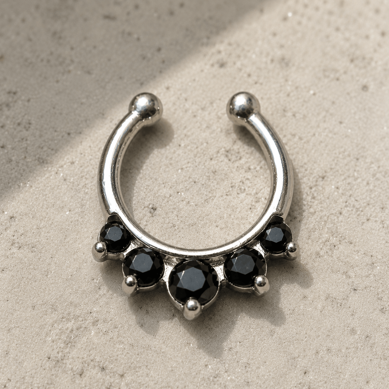 Gemmed princess fake septum ring black CZ gems, 316L stainless steel, no piercing clip-on nose ring, mirror finish