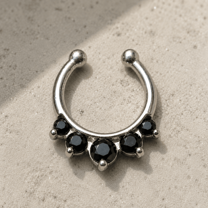 Gemmed princess fake septum ring black CZ gems, 316L stainless steel, no piercing clip-on nose ring, mirror finish