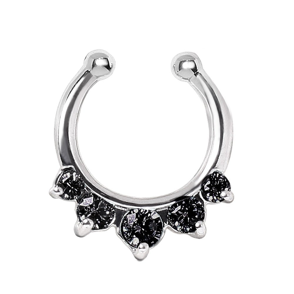 Princess fake septum ring on white background, black CZ gems, 316L stainless steel silver nose ring