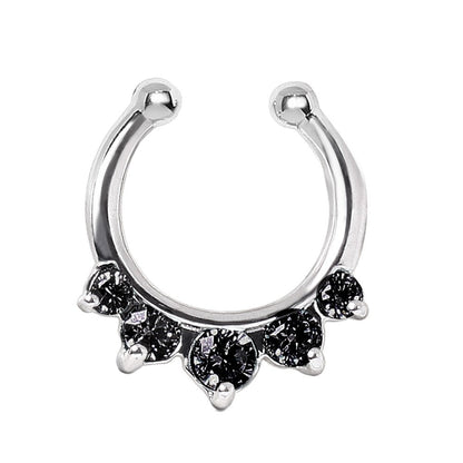 Princess fake septum ring on white background, black CZ gems, 316L stainless steel silver nose ring