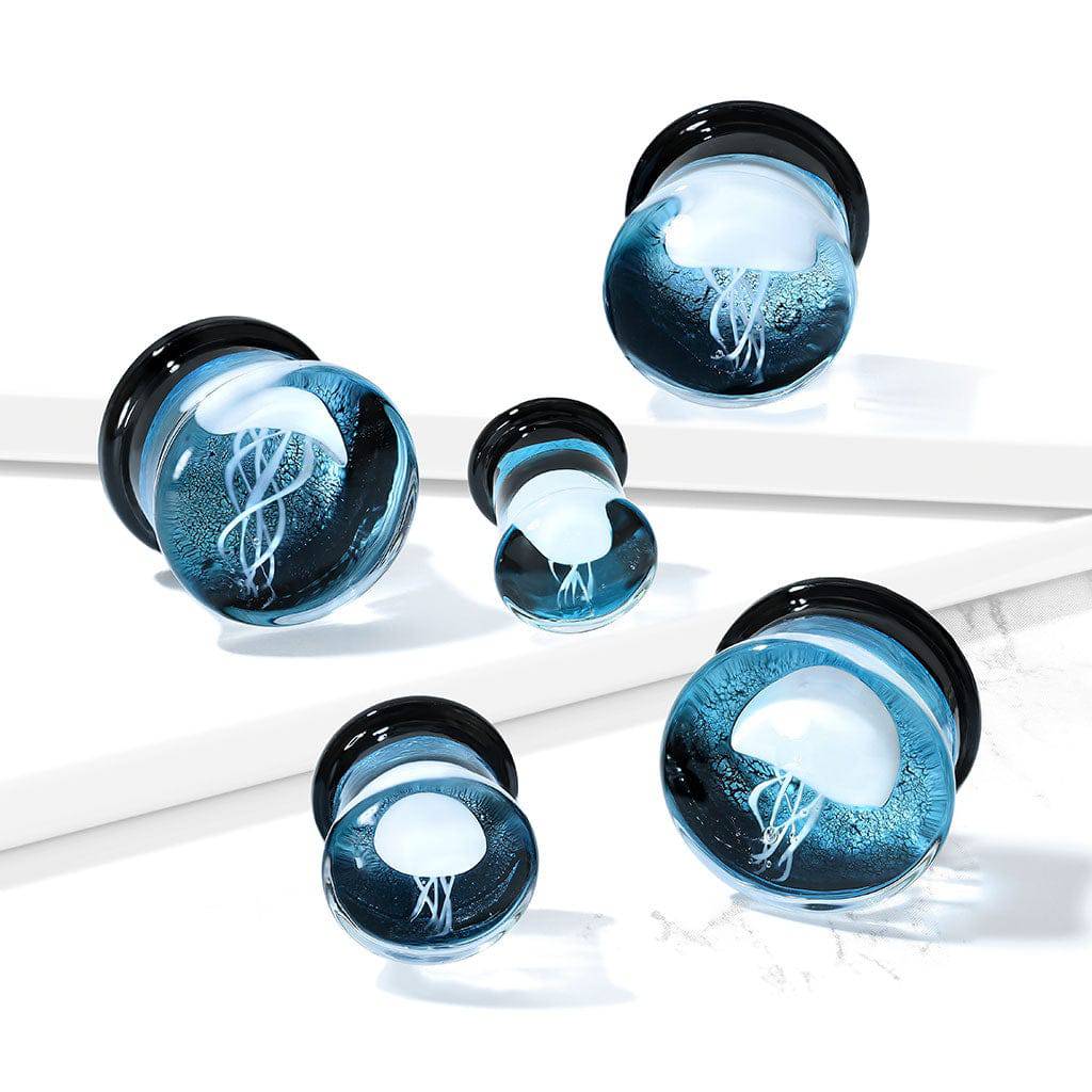 Floating Jellyfish Double Flare Glass Plugs (Blue Background) Plugs Impulse Piercings