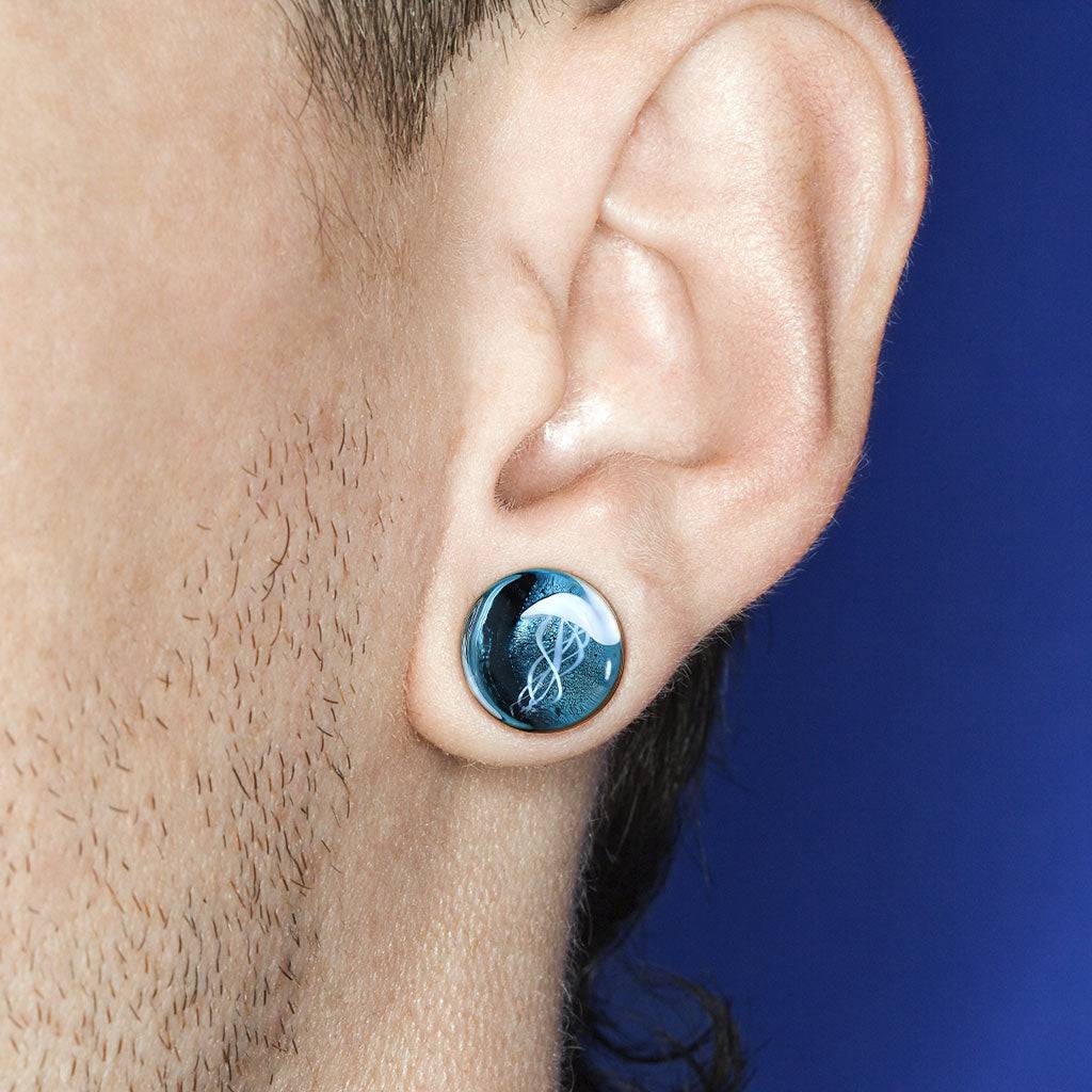 Floating Jellyfish Double Flare Glass Plugs (Blue Background) Plugs Impulse Piercings