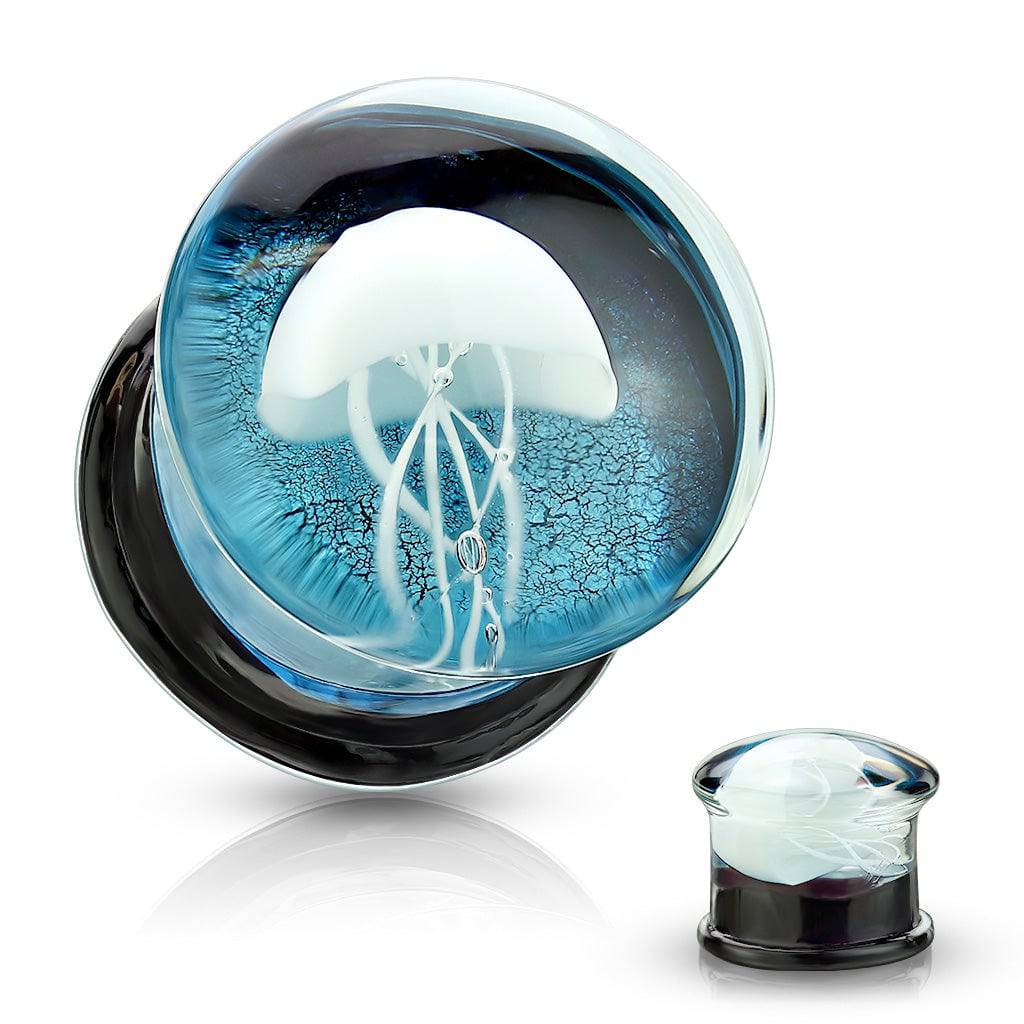 Floating Jellyfish Double Flare Glass Plugs (Blue Background) Plugs Impulse Piercings