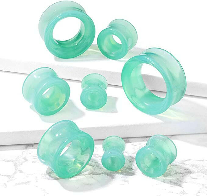 Glass Green Opalite Double Flared Saddle Tunnel Plugs Impulse Piercings