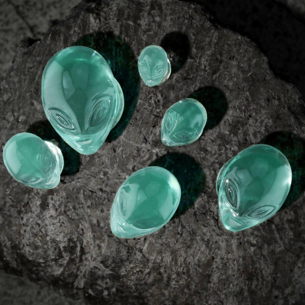 Glass Pyrex Green Alien Face Double Flare Plugs Plugs Impulse Piercings