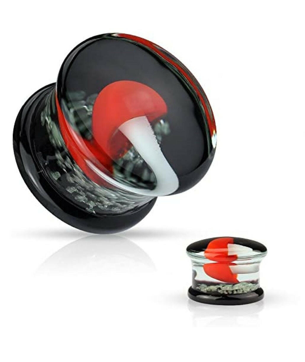 Glass Pyrex with Black back with Red and White Mushroom on Glow in the Dark Sparkles Double Flare Plugs Plugs Impulse Piercings 2GA (6mm)