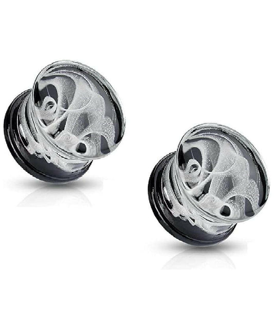 Glass Pyrex with Black back with White Swirling Smoke Double Flare Plugs Plugs Impulse Piercings 2GA (6mm)