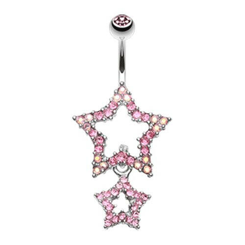 Glistening Double Star Belly Button Ring Navel Ring Impulse Piercings Light Pink