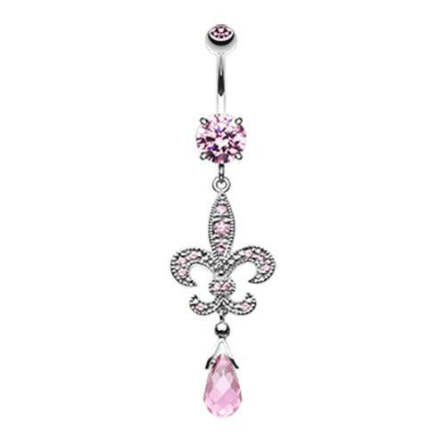 Glistening Fleur De Lis Cubic Zirconia Belly Button Ring Navel Ring Impulse Piercings Pink