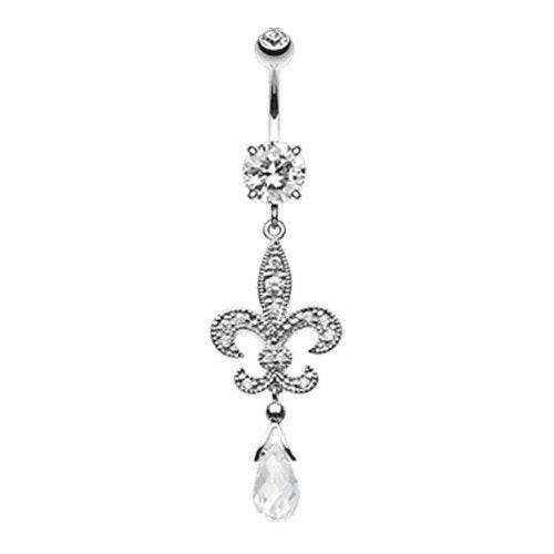 Glistening Fleur De Lis Cubic Zirconia Belly Button Ring Navel Ring Impulse Piercings Clear