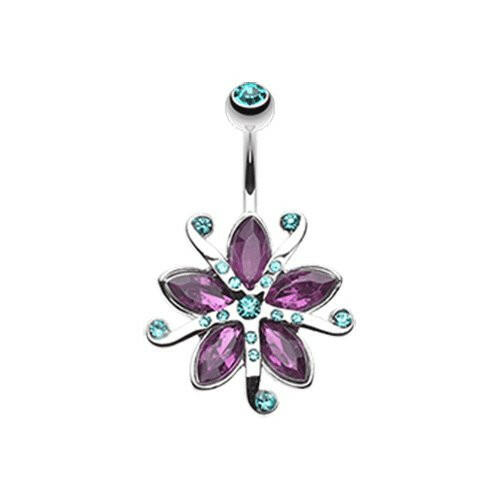 Glistening Lily Blossome Flower Belly Button Ring Navel Ring Impulse Piercings 14 gauge (1.6mm) Teal/Purple