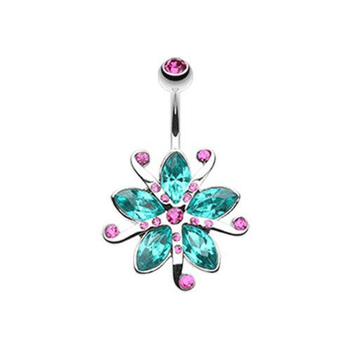 Glistening Lily Blossome Flower Belly Button Ring Navel Ring Impulse Piercings 14 gauge (1.6mm) Fuchsia/Teal