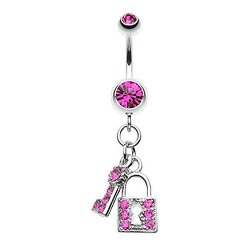 Glistening Lock and Key Belly Button Ring Navel Ring Impulse Piercings Fuchsia