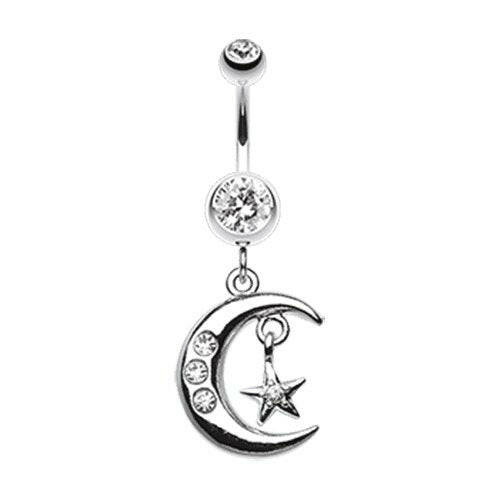 Glistening Moon and Star Belly Button Ring Navel Ring Impulse Piercings Clear