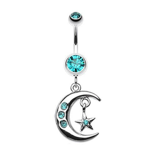 Glistening Moon and Star Belly Button Ring Navel Ring Impulse Piercings Teal