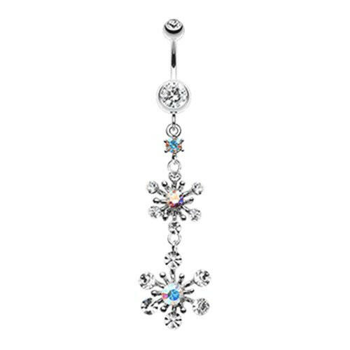 Glistening Snow Flower Belly Button Ring Navel Ring Impulse Piercings Clear/Aurora Borealis