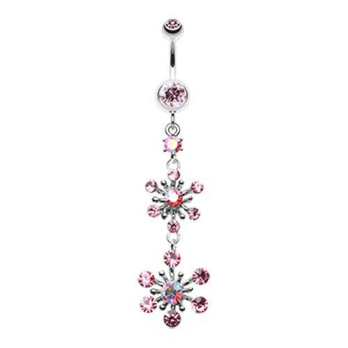 Glistening Snow Flower Belly Button Ring Navel Ring Impulse Piercings Pink/Aurora Borealis